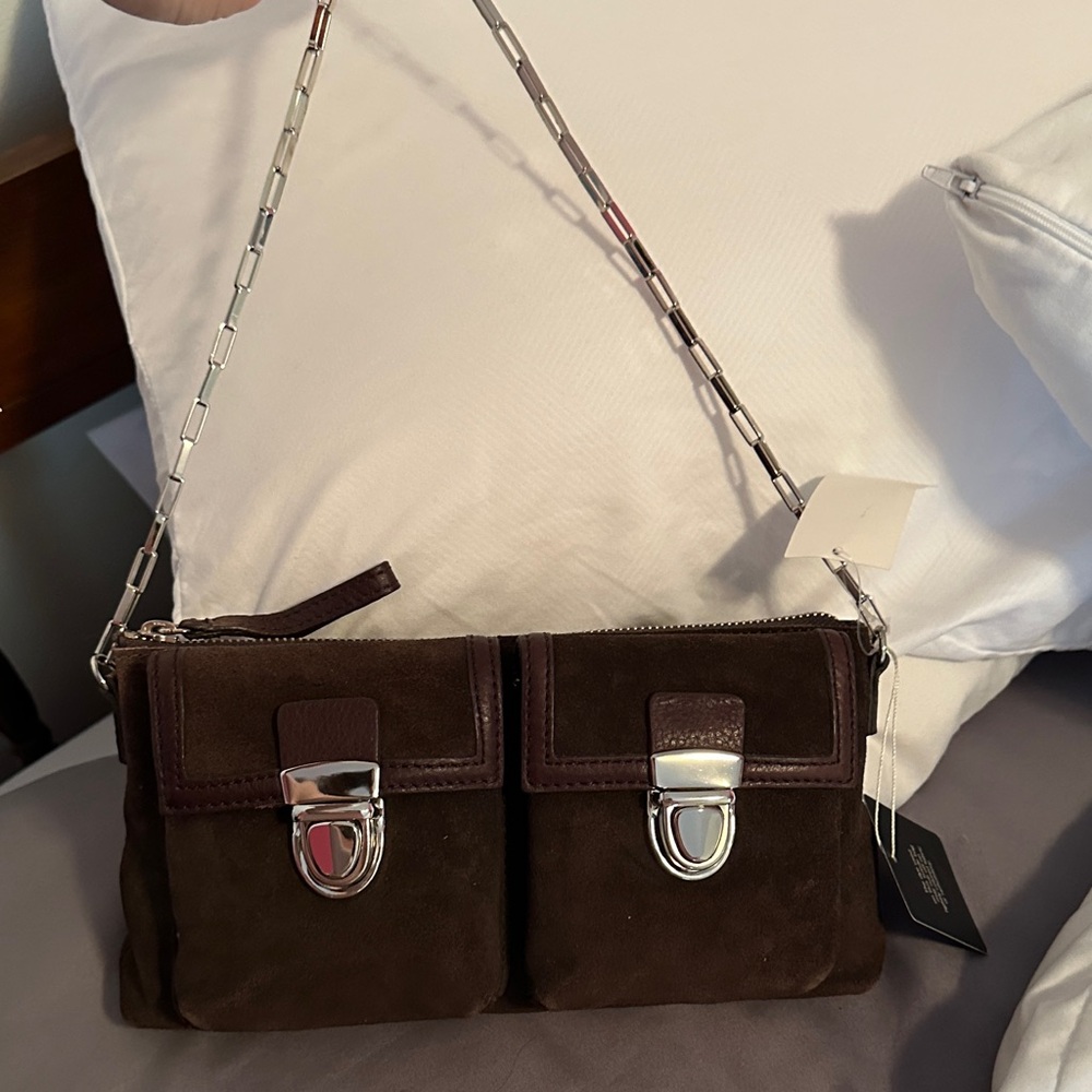 NWT Banana republic Brown Suede Dual Pocket Shoulder Bag with Silver Hardware